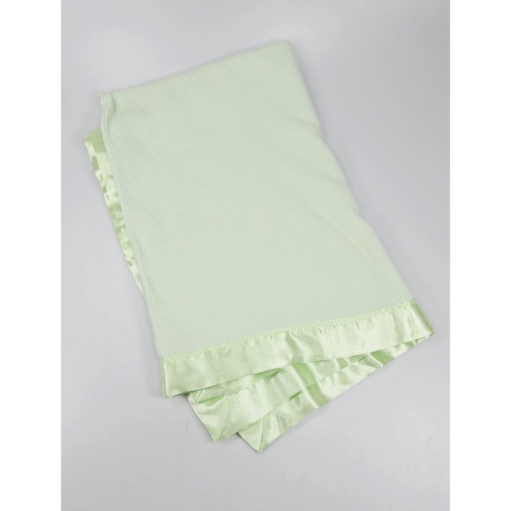 Vintage Starting Out Green Thermal Waffle Weave Baby Blanket Satin Trim